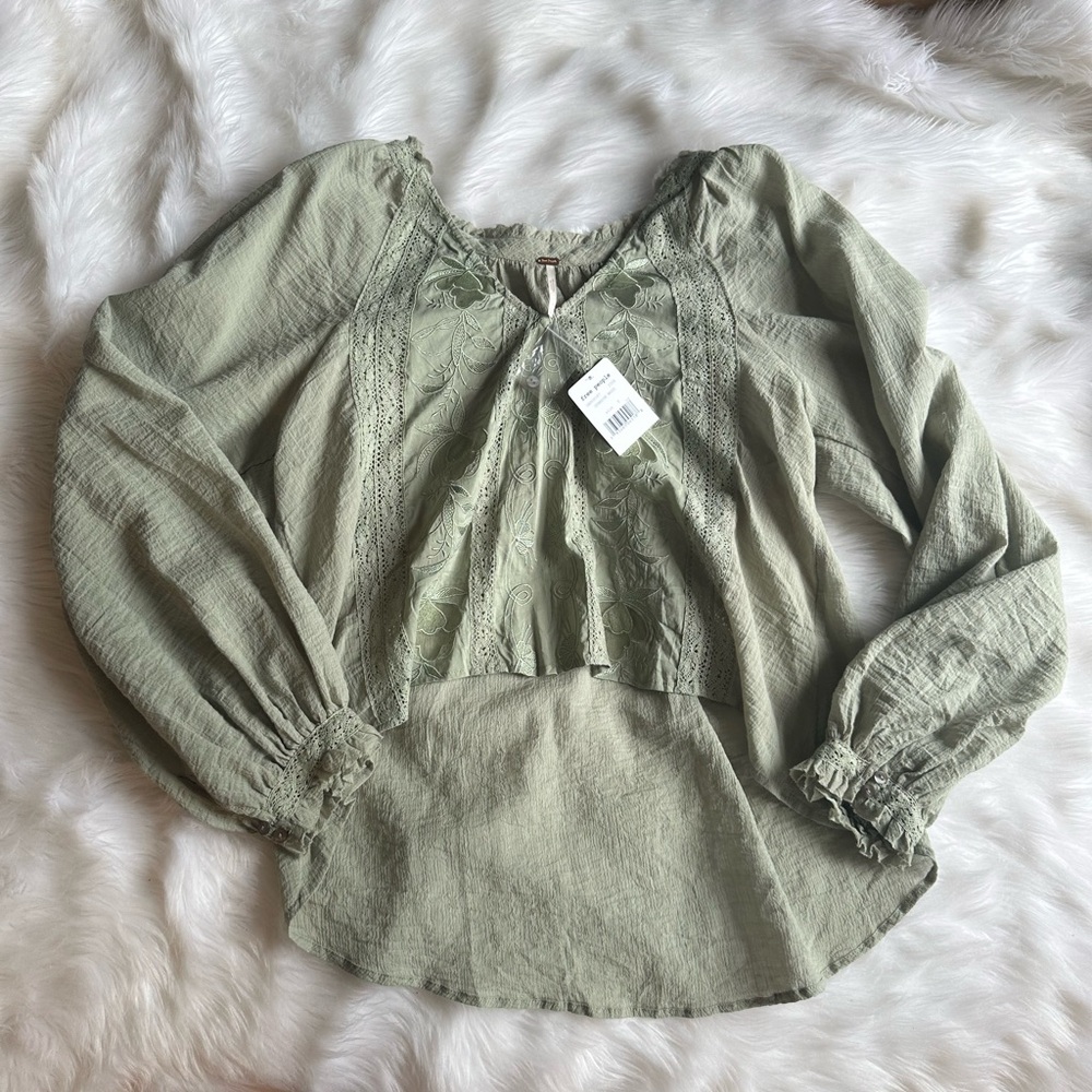 Free People Sivan Embroidered Blouse in Moss Green Size Small